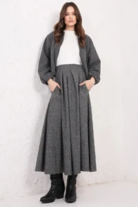Trend Alaçatı Stili Women's Black Herringbone Pattern Pleat Detailed Stitch Skirt ALC-X14816 - Image 4