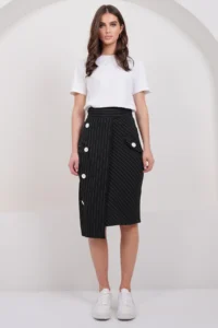 Trend Alaçatı Stili Women's Black-Striped Wrap Cut Midi Length Skirt with Ornamental Pockets, Unlined ALC-X14982