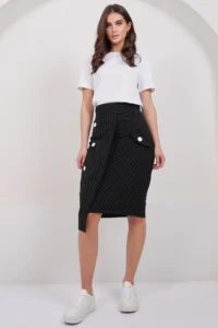 Trend Alaçatı Stili Women's Black-Striped Wrap Cut Midi Length Skirt with Ornamental Pockets, Unlined ALC-X14982 - Image 2