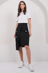 Trend Alaçatı Stili Women's Black-Striped Wrap Cut Midi Length Skirt with Ornamental Pockets, Unlined ALC-X14982 - Image 3