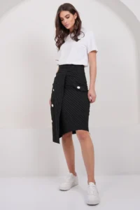 Trend Alaçatı Stili Women's Black-Striped Wrap Cut Midi Length Skirt with Ornamental Pockets, Unlined ALC-X14982 - Image 4