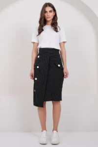Trend Alaçatı Stili Women's Black-Striped Wrap Cut Midi Length Skirt with Ornamental Pockets, Unlined ALC-X14982 - Image 5