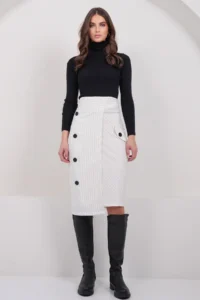 Trend Alaçatı Stili Women's White Striped Wrap Cut Midi Length Skirt with Ornamental Pockets, Unlined ALC-X14982