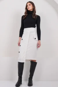 Trend Alaçatı Stili Women's White Striped Wrap Cut Midi Length Skirt with Ornamental Pockets, Unlined ALC-X14982 - Image 3