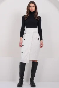 Trend Alaçatı Stili Women's White Striped Wrap Cut Midi Length Skirt with Ornamental Pockets, Unlined ALC-X14982 - Image 4