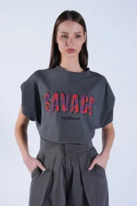 Trend Alaçatı Stili Women's Anthracite Crew Neck Digital Printing and Stone Embroidered T-Shirt ALC-X15100