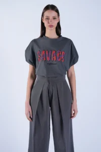 Trend Alaçatı Stili Women's Anthracite Crew Neck Digital Printing and Stone Embroidered T-Shirt ALC-X15100 - Image 3