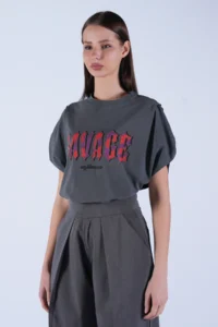 Trend Alaçatı Stili Women's Anthracite Crew Neck Digital Printing and Stone Embroidered T-Shirt ALC-X15100 - Image 4