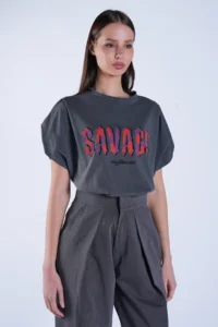 Trend Alaçatı Stili Women's Anthracite Crew Neck Digital Printing and Stone Embroidered T-Shirt ALC-X15100 - Image 5