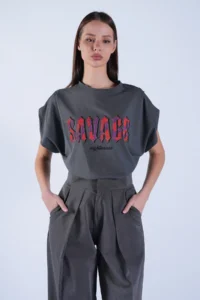 Trend Alaçatı Stili Women's Anthracite Crew Neck Digital Printing and Stone Embroidered T-Shirt ALC-X15100 - Image 6