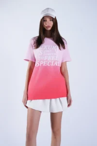 Trend Alaçatı Stili Women's Pink Crew Neck Embossed Printed Gradient T-Shirt ALC-X15103 - Image 2