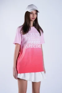 Trend Alaçatı Stili Women's Pink Crew Neck Embossed Printed Gradient T-Shirt ALC-X15103 - Image 4