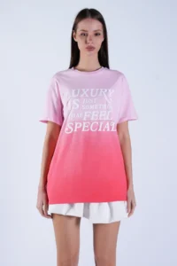 Trend Alaçatı Stili Women's Pink Crew Neck Embossed Printed Gradient T-Shirt ALC-X15103 - Image 5