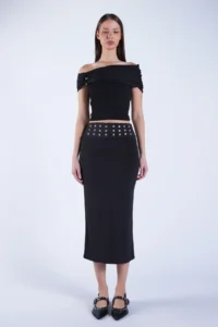 Trend Alaçatı Stili Women's Black Belt Metal Stud Detailed Pencil Skirt ALC-X15124 - Image 2
