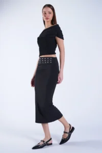 Trend Alaçatı Stili Women's Black Belt Metal Stud Detailed Pencil Skirt ALC-X15124 - Image 4