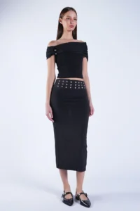 Trend Alaçatı Stili Women's Black Belt Metal Stud Detailed Pencil Skirt ALC-X15124 - Image 5