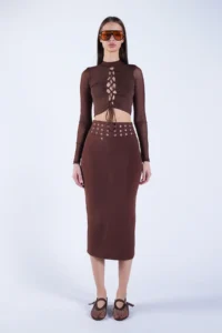 Trend Alaçatı Stili Women's Brown Belt Metal Stud Detailed Pencil Skirt ALC-X15124