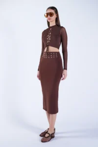 Trend Alaçatı Stili Women's Brown Belt Metal Stud Detailed Pencil Skirt ALC-X15124 - Image 2
