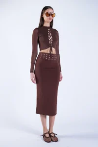 Trend Alaçatı Stili Women's Brown Belt Metal Stud Detailed Pencil Skirt ALC-X15124 - Image 3