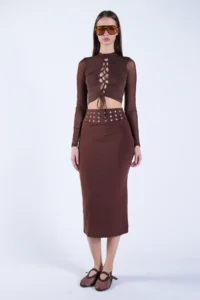 Trend Alaçatı Stili Women's Brown Belt Metal Stud Detailed Pencil Skirt ALC-X15124 - Image 4