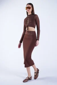Trend Alaçatı Stili Women's Brown Belt Metal Stud Detailed Pencil Skirt ALC-X15124 - Image 5