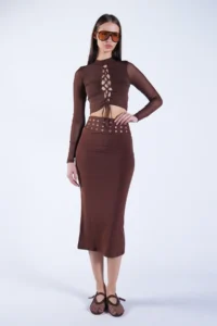 Trend Alaçatı Stili Women's Brown Belt Metal Stud Detailed Pencil Skirt ALC-X15124 - Image 6
