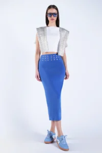Trend Alaçatı Stili Women's Indigo Blue Belt Metal Stud Detailed Pencil Skirt ALC-X15124