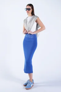 Trend Alaçatı Stili Women's Indigo Blue Belt Metal Stud Detailed Pencil Skirt ALC-X15124 - Image 4