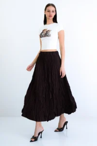 Trend Alaçatı Stili Women's Brown Soft Crush Textured Midi Length Skirt ALC-X15225