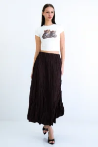 Trend Alaçatı Stili Women's Brown Soft Crush Textured Midi Length Skirt ALC-X15225 - Image 2