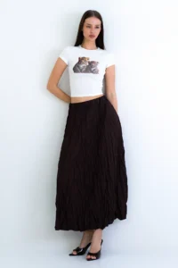 Trend Alaçatı Stili Women's Brown Soft Crush Textured Midi Length Skirt ALC-X15225 - Image 4