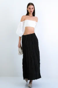 Trend Alaçatı Stili Women's Khaki Soft Crush Textured Midi Length Skirt ALC-X15225 - Image 2