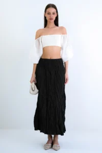 Trend Alaçatı Stili Women's Khaki Soft Crush Textured Midi Length Skirt ALC-X15225 - Image 3