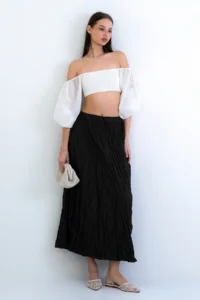 Trend Alaçatı Stili Women's Khaki Soft Crush Textured Midi Length Skirt ALC-X15225 - Image 4