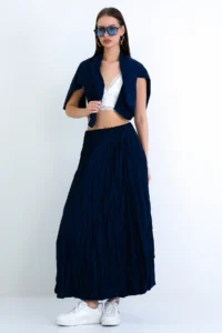 Trend Alaçatı Stili Women's Navy Blue Soft Crush Textured Midi Length Skirt ALC-X15225 - Image 2