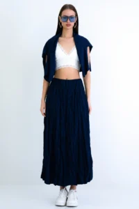 Trend Alaçatı Stili Women's Navy Blue Soft Crush Textured Midi Length Skirt ALC-X15225 - Image 3