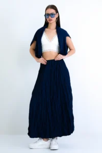 Trend Alaçatı Stili Women's Navy Blue Soft Crush Textured Midi Length Skirt ALC-X15225 - Image 4