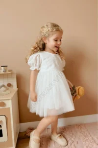 penu baby kids White Scallop Detailed Tulle Skirt Short Sleeve Baby Girl Dress - Image 2
