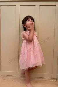 penu baby kids Pink Colored Embroidery Daisy Embroidered Strappy Baby Girl & Girl's Dress - Elisa - Image 2