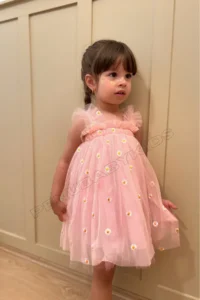 penu baby kids Pink Colored Embroidery Daisy Embroidered Strappy Baby Girl & Girl's Dress - Elisa - Image 3