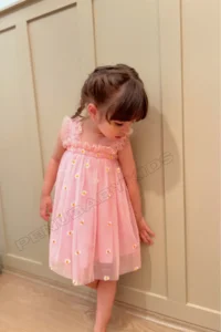 penu baby kids Pink Colored Embroidery Daisy Embroidered Strappy Baby Girl & Girl's Dress - Elisa - Image 4