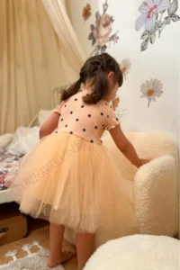 penu baby kids Salmon Polka Dot Detailed Short Sleeve Baby Girl Dress - Image 3