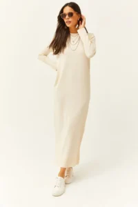 Olalook Women's Stone Crew Neck Long Knitwear Dress - Image 4