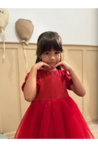 penu baby kids Red Short Balloon Fabric Sleeve Detailed Tutu Tutu Baby Girl Dress - Image 4