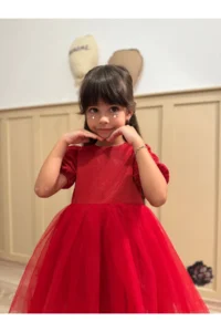 penu baby kids Red Short Balloon Fabric Sleeve Detailed Tutu Tutu Baby Girl Dress - Image 5