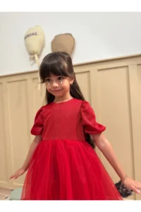 penu baby kids Red Short Balloon Fabric Sleeve Detailed Tutu Tutu Baby Girl Dress - Image 6