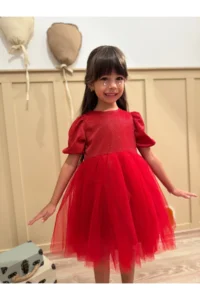 penu baby kids Red Short Balloon Fabric Sleeve Detailed Tutu Tutu Baby Girl Dress - Image 8