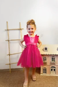 penu baby kids Fuchsia Satin Top, Big Bow on the Back, Small Bow Detail on the Shoulder, Tulle Baby Girl Dress - Image 3