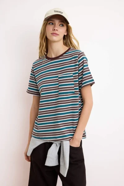 TRENDYOLMİLLA Multicolored Regular/Normal Pattern Short Sleeve Soild 100% Cotton Knitting T-Shirt
