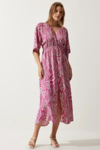 Happiness İstanbul Women's Pink Gray Wrap Collar Patterned Summer Viscose Dress - Image 2